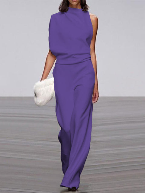 Women's sleeveless one-shoulder wide-leg jumpsuit formal minimalist silhouette asymmetric neckline