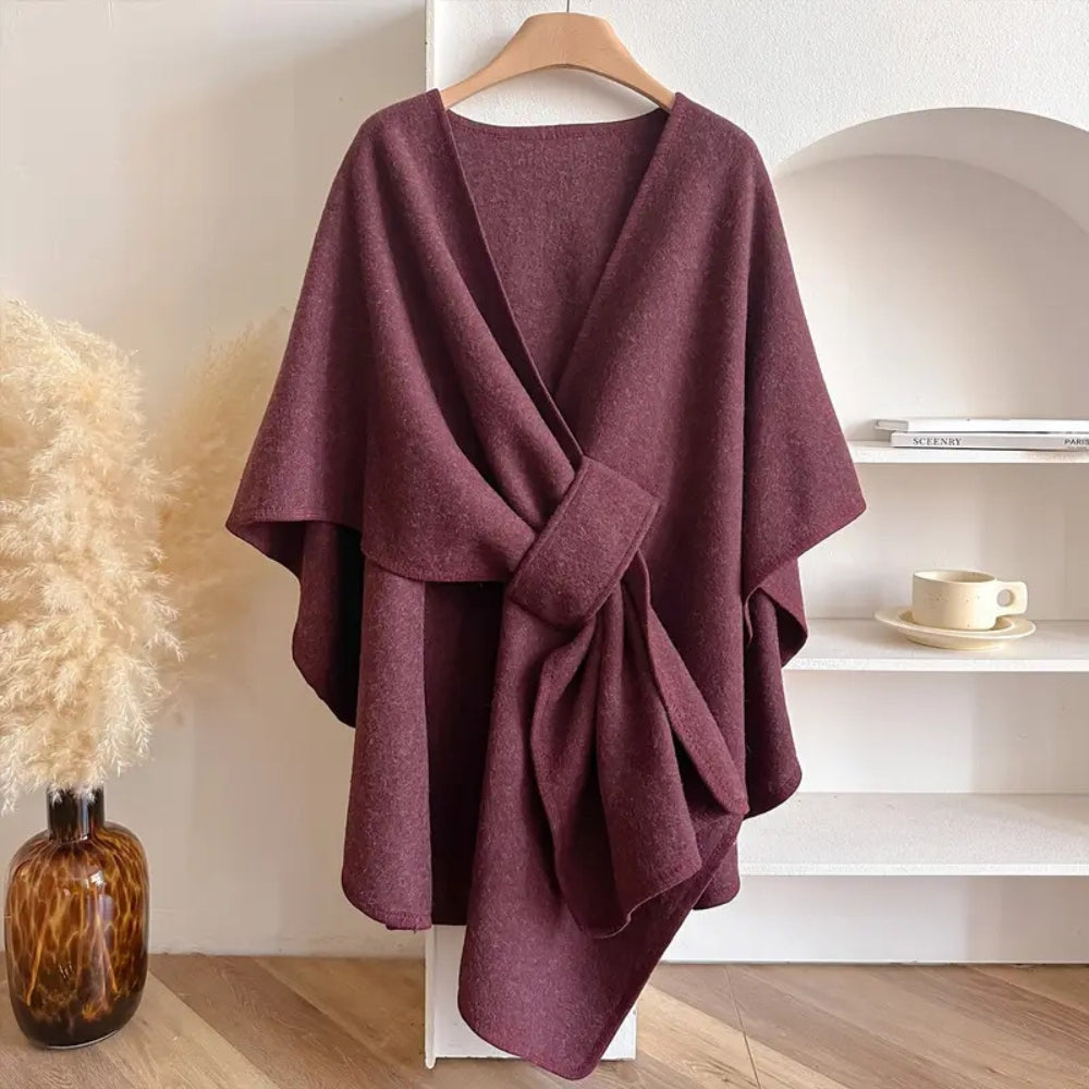 Women's oversized cape V-neck self-tie thigh-length asymmetrical hem relaxed elegant layer
