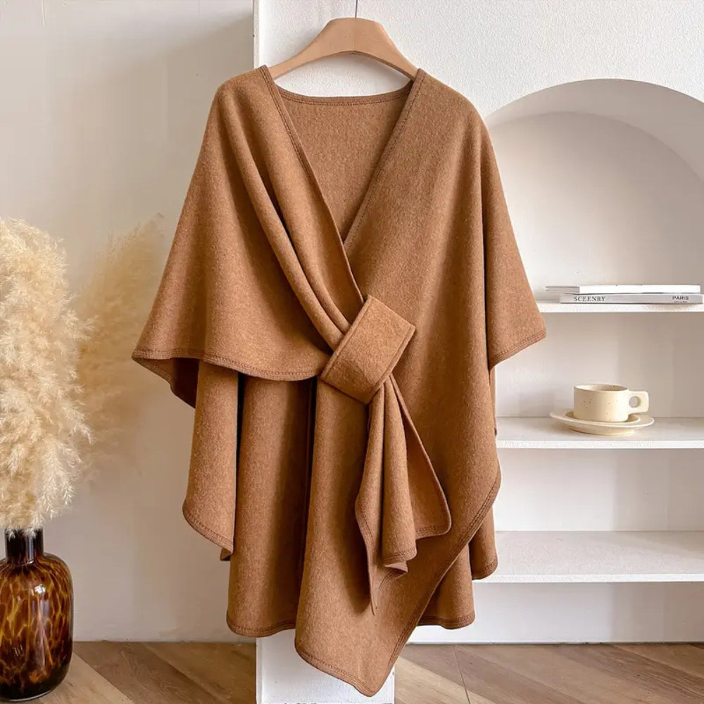 Women's oversized cape V-neck self-tie thigh-length asymmetrical hem relaxed elegant layer