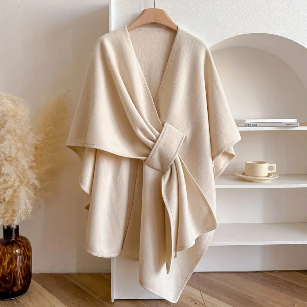Women's oversized cape V-neck thigh-length self-tie asymmetrical hem relaxed elegant layering piece
