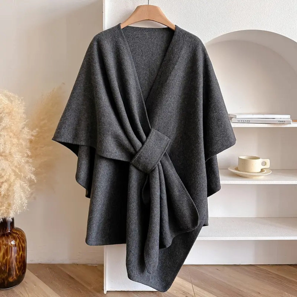 Women's oversized cape V-neck self-tie thigh-length asymmetrical hem relaxed elegant layer