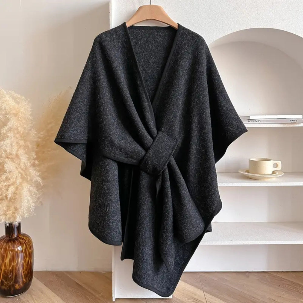 Women's oversized cape V-neck self-tie thigh-length asymmetrical hem relaxed elegant layer