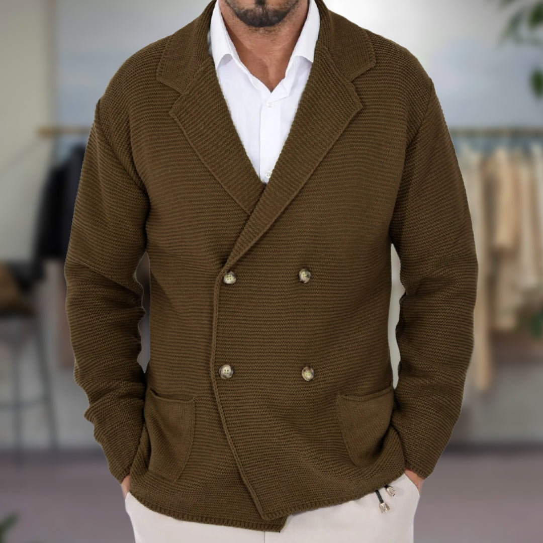 Navy double-breasted cardigan men slim fit blazer-inspired knit tailored silhouette