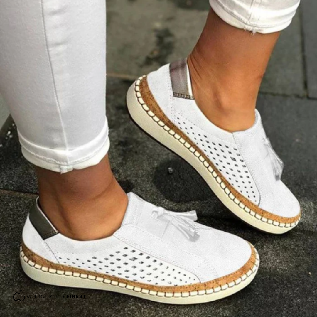 Women's suede slip-on loafers round toe perforated tassel accent comfort cork sole casual flats