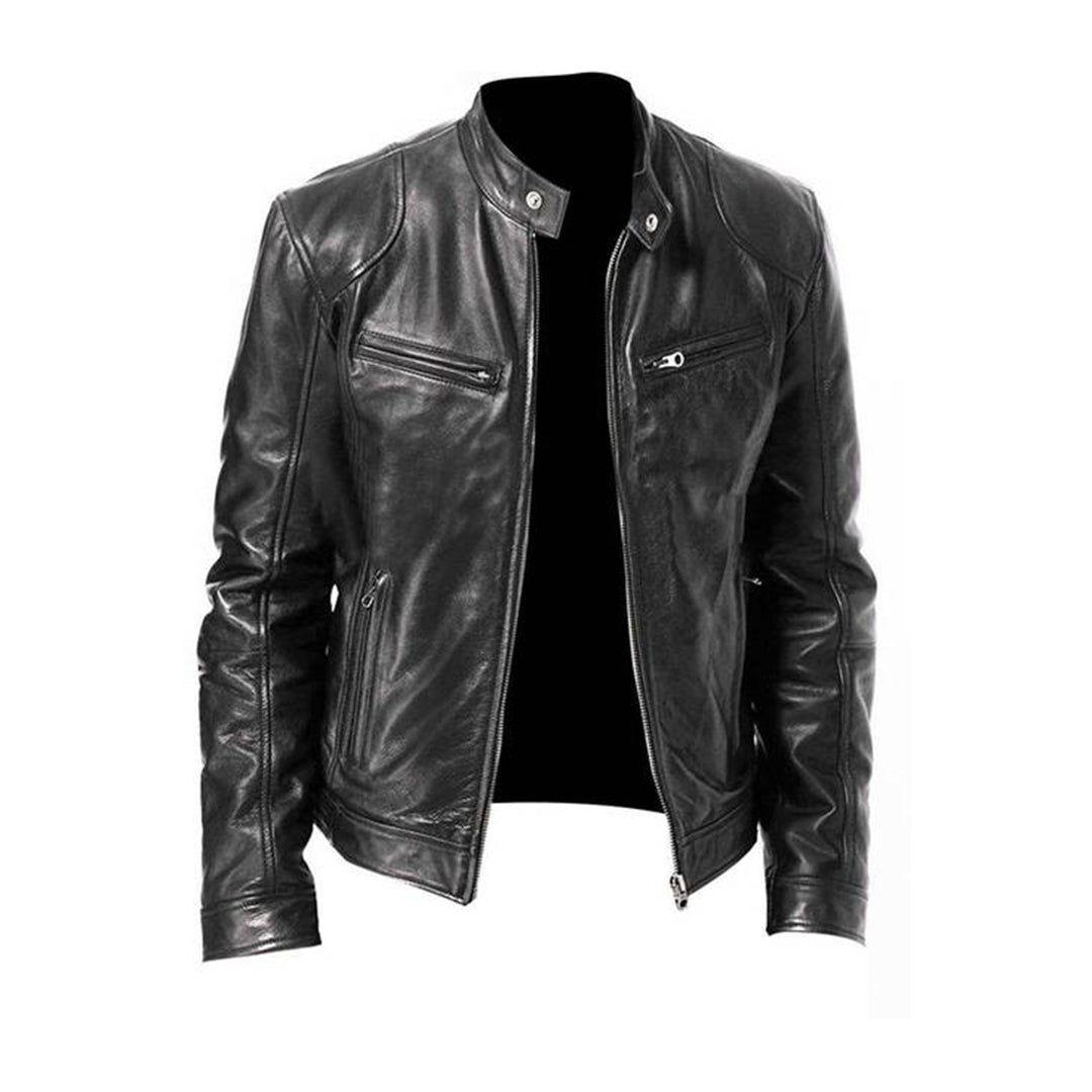 Men's black PU leather slim fit biker jacket with bold zipper details for urban street style