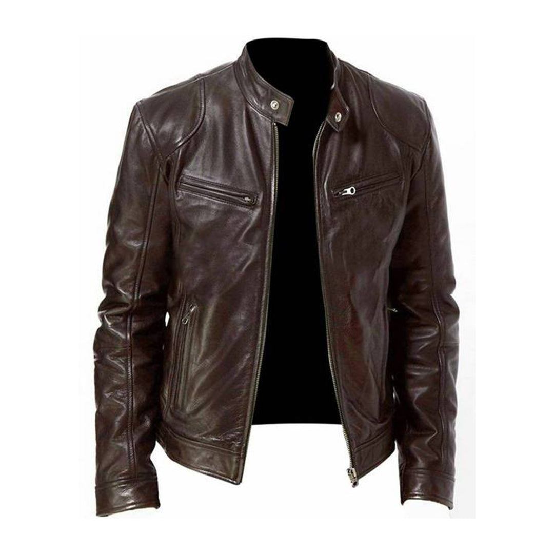 Men's black PU leather slim fit biker jacket with bold zipper details for urban style