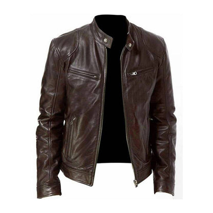 Men's black PU leather slim fit biker jacket with bold zipper details for urban style