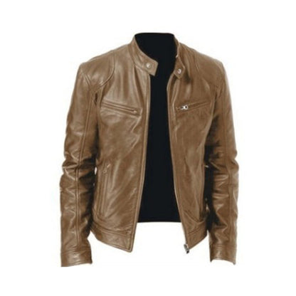 Men's black PU leather biker jacket slim fit with bold zipper details urban edge style