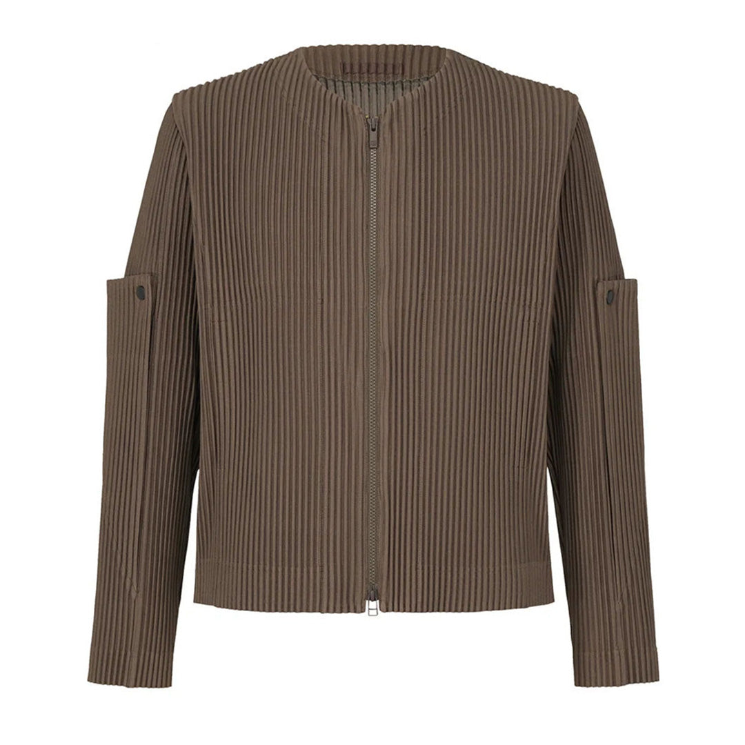 Pleated zip-up shirt jacket with o-neck collar, wide-waisted fit, and buttoned sleeves in refined poly-nylon blend