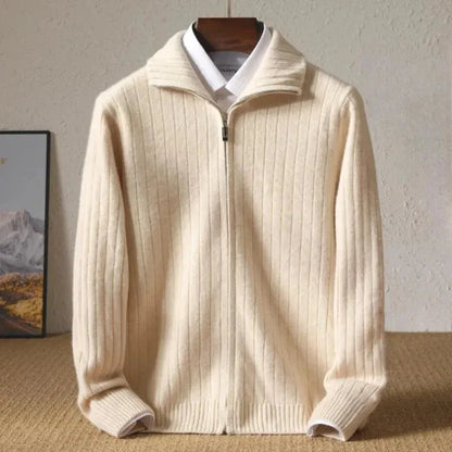 Ribbed wool zip-up cardigan in neutral tone, tailored fit with fold-down collar