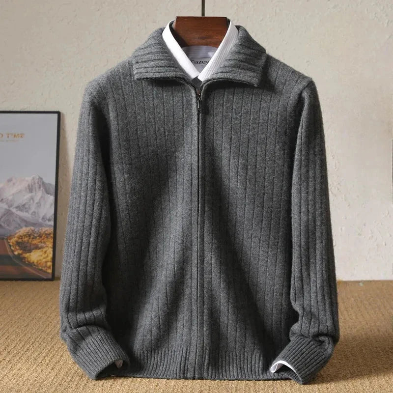 Monroe ribbed zip-up wool cardigan tailored fit with fold-down collar, timeless elegant layering piece