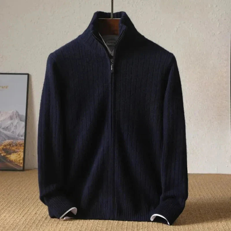 Monroe ribbed zip-up wool cardigan tailored fit with fold-down collar versatile layering piece