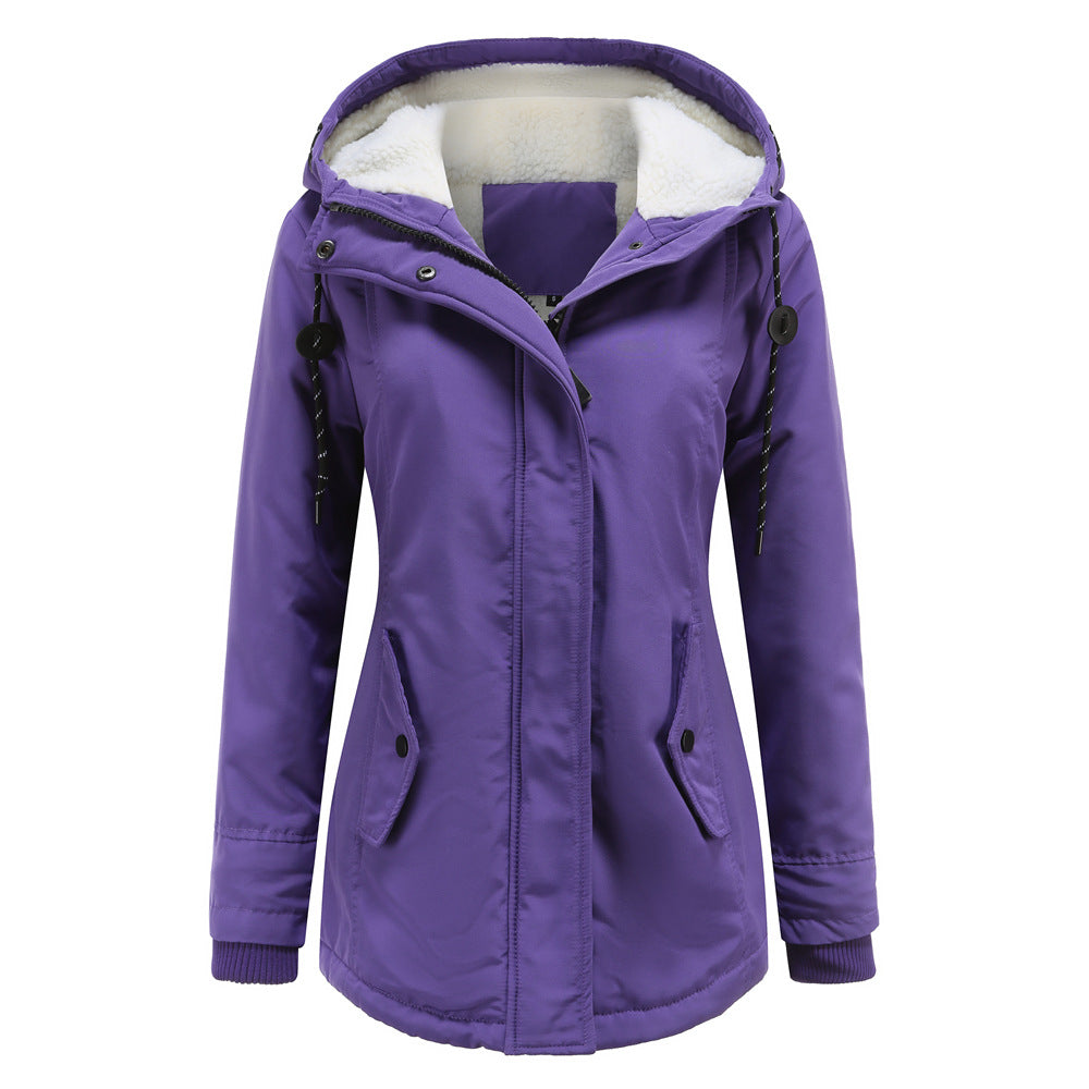 Women's waterproof fleece-lined hooded rain jacket tailored mid-length coat for all-season wear