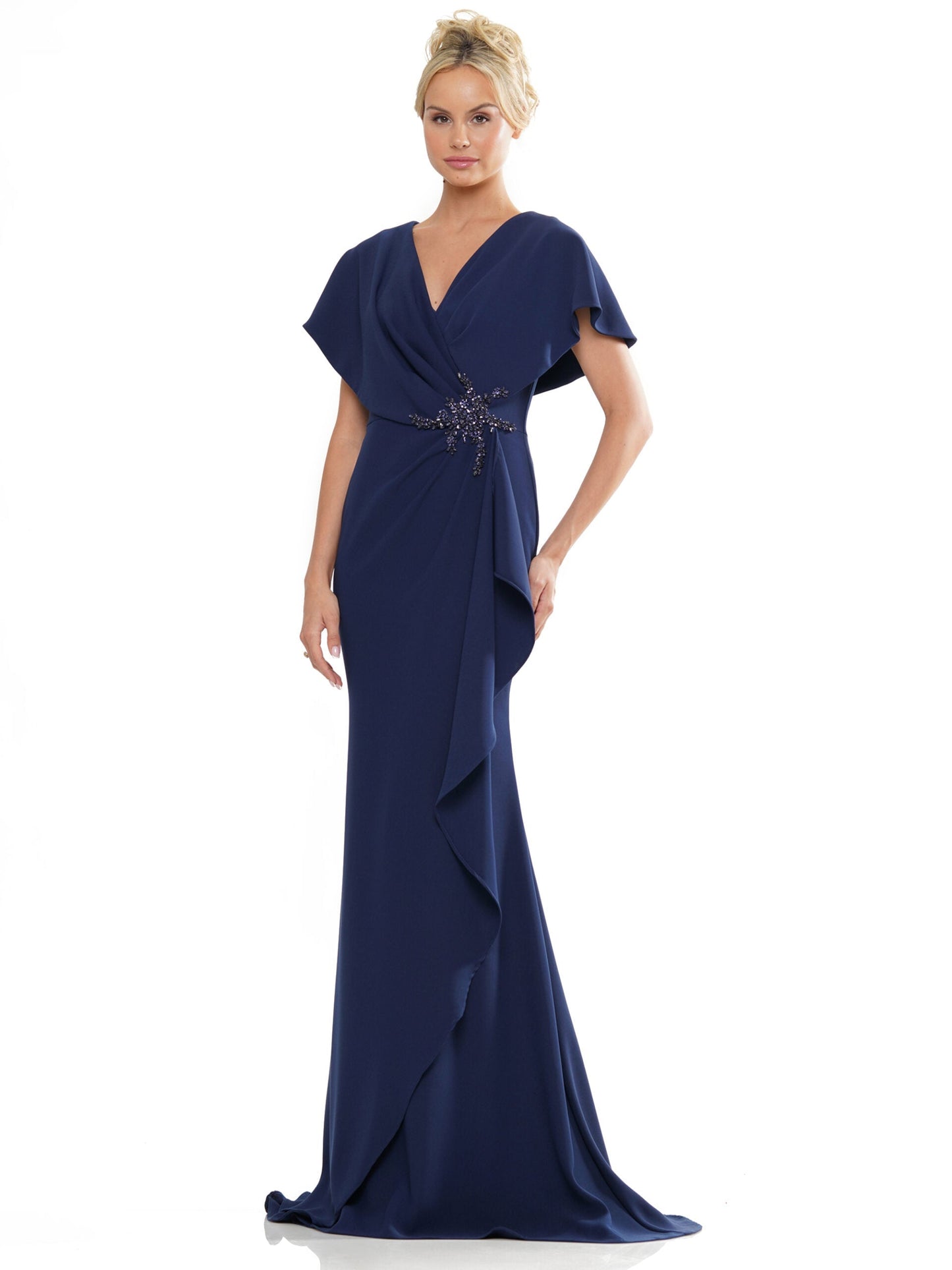 Marsoni MV1249 long formal mother-of-the-bride stretch crepe dress with cape sleeves and V-neckline