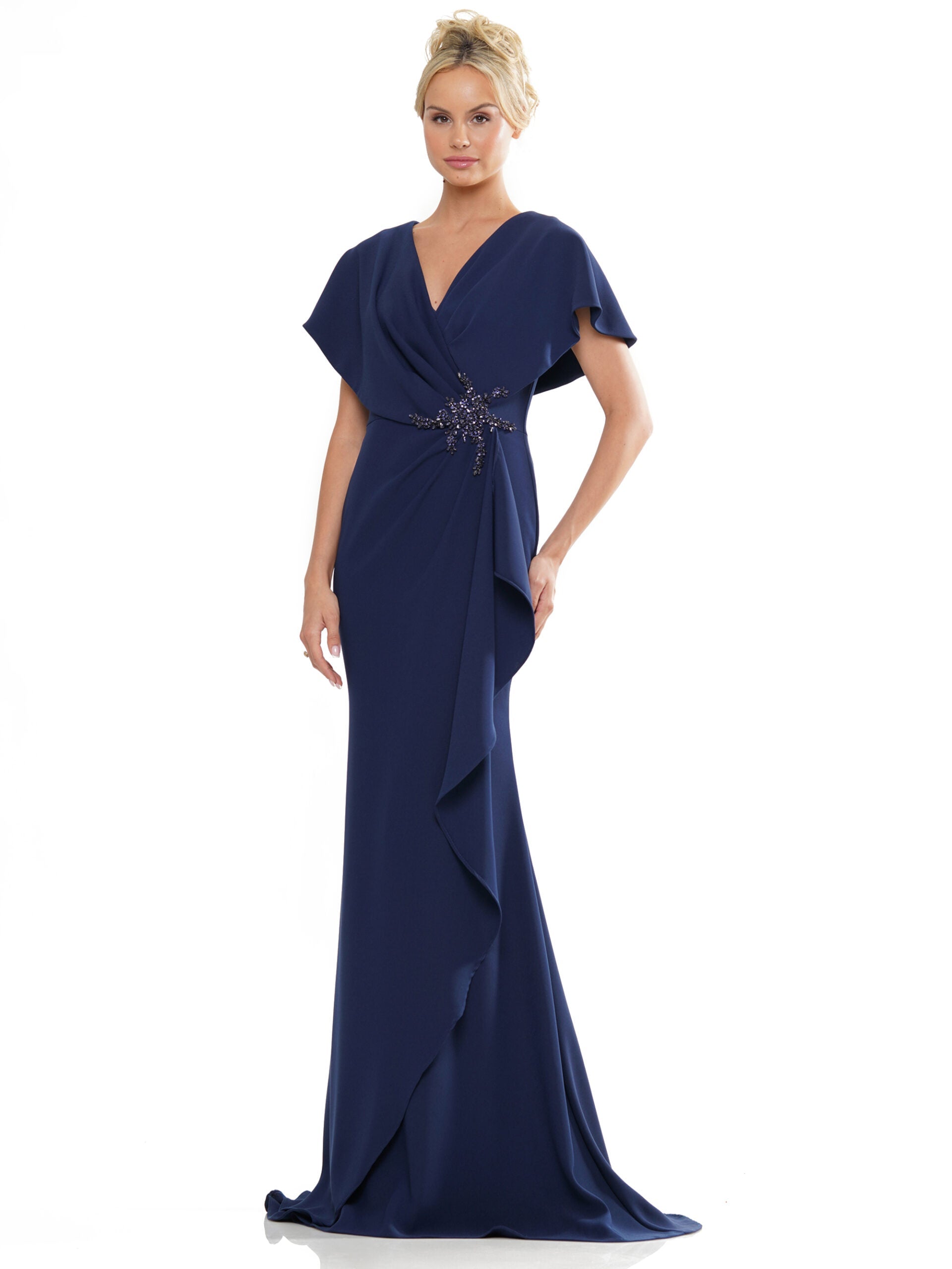 Marsoni MV1249 long formal mother-of-the-bride stretch crepe dress with cape sleeves and V-neckline