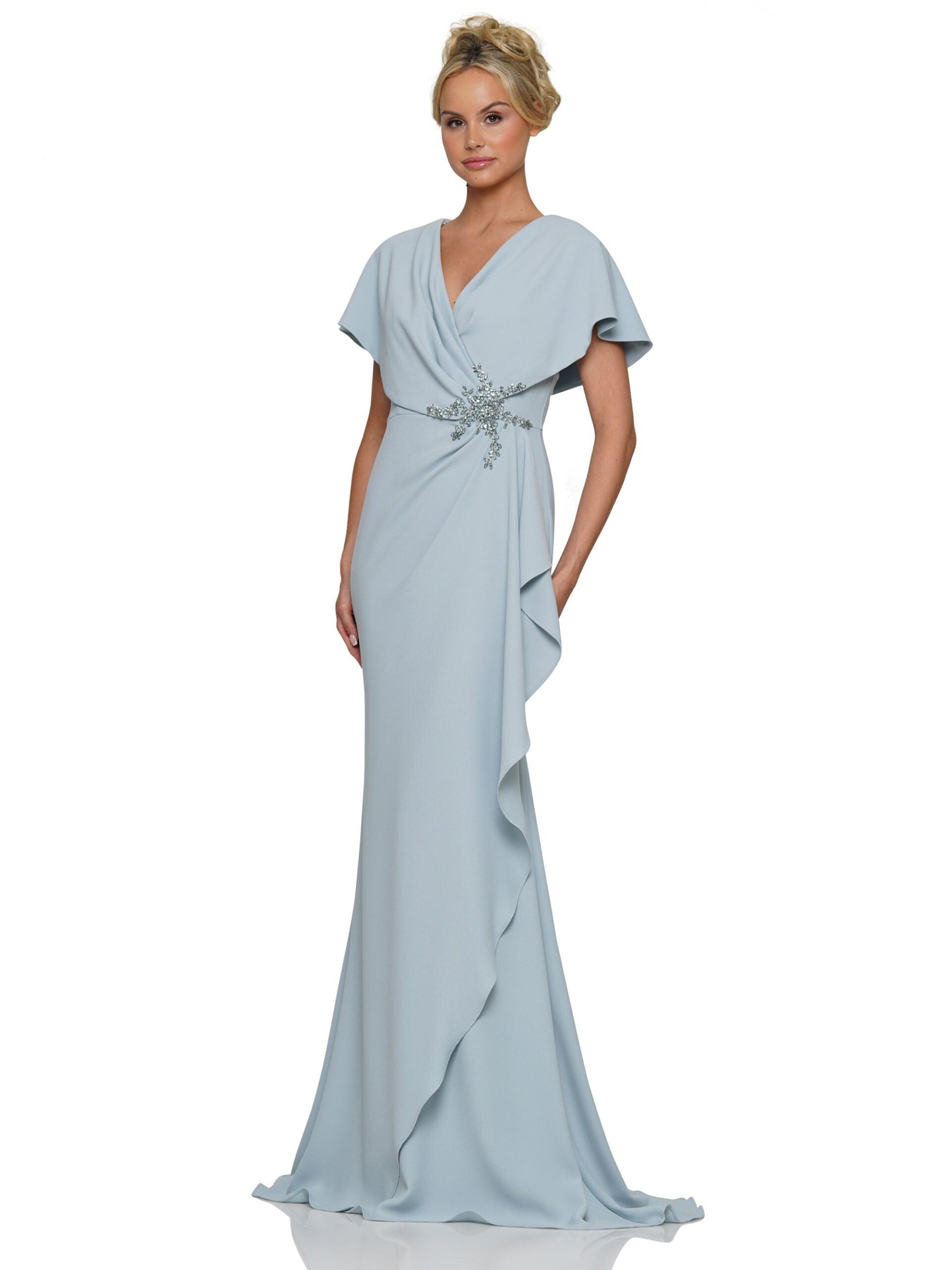 Marsoni MV1249 long formal mother-of-the-bride stretch crepe dress with cape sleeves and V-neckline