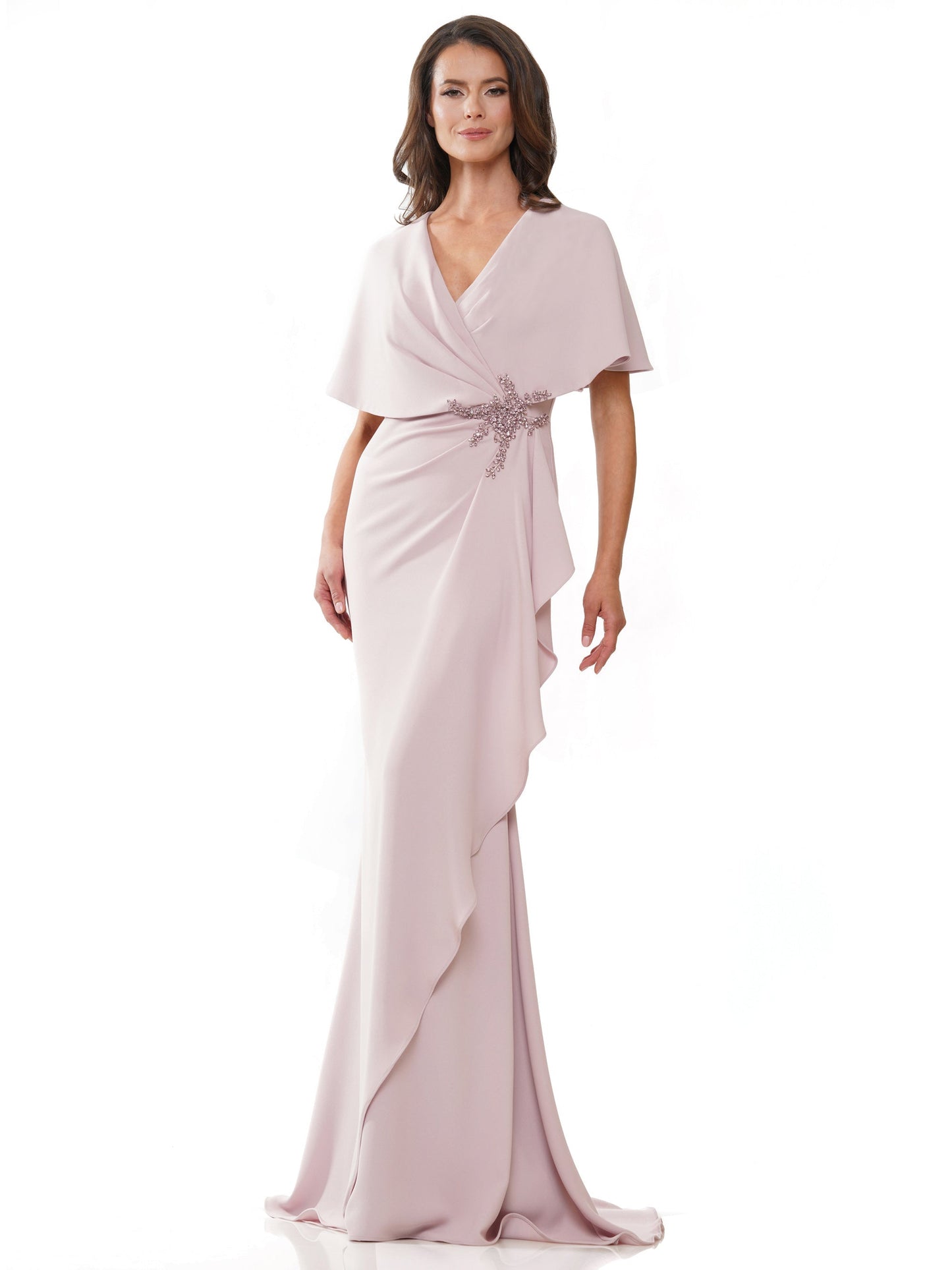 Marsoni MV1249 long formal mother-of-the-bride stretch crepe dress with cape sleeves and V-neckline