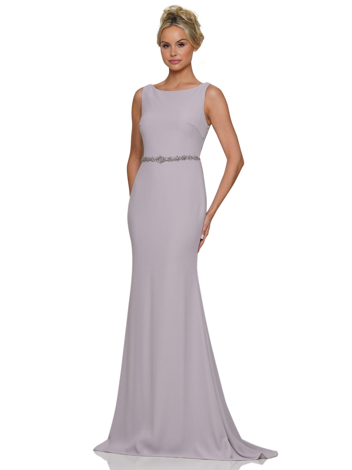 Marsoni MV1250 sleeveless fitted formal gown in emerald stretch crepe with delicate belt detail