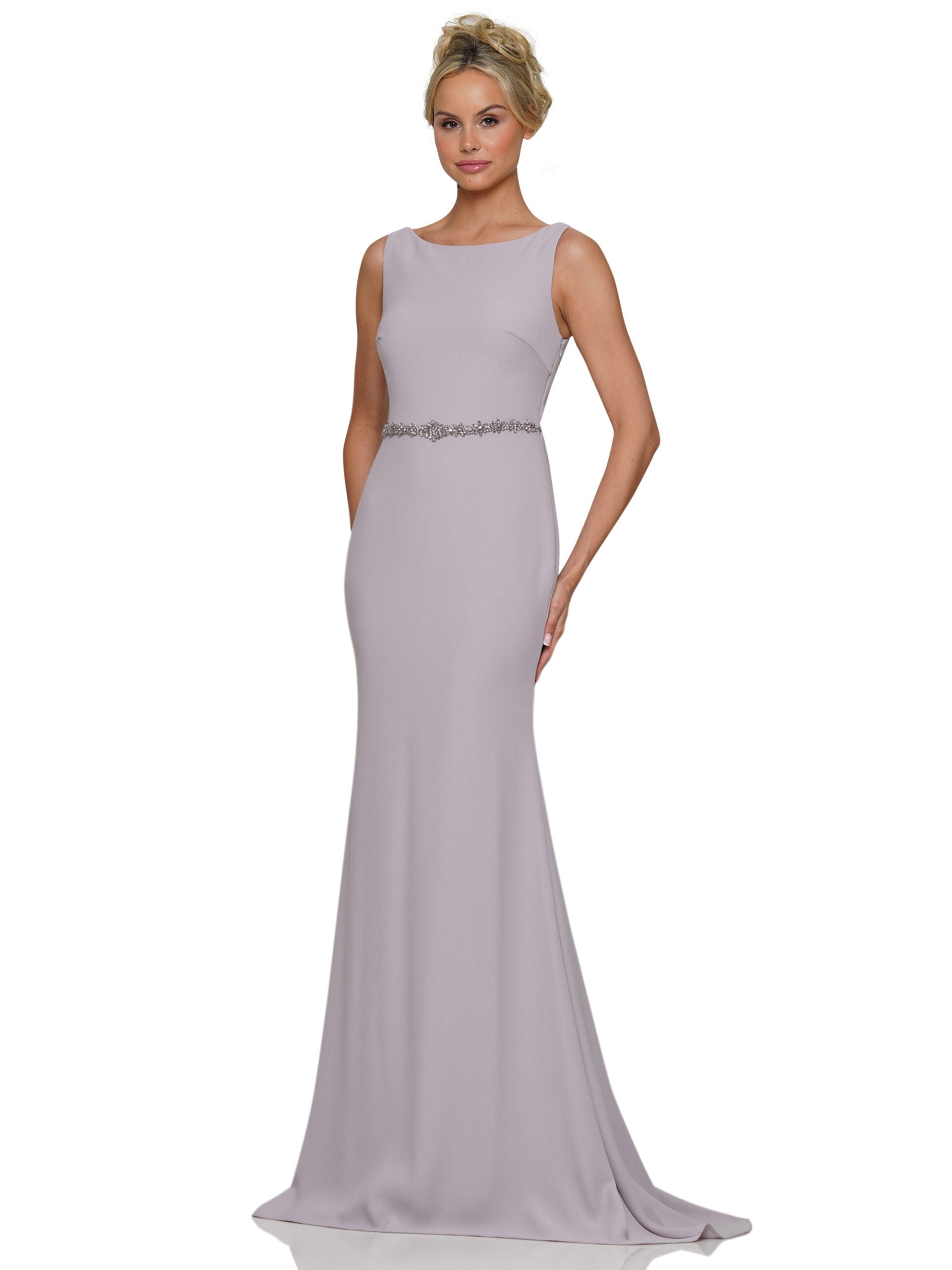 Marsoni MV1250 sleeveless fitted formal gown in emerald stretch crepe with delicate belt detail