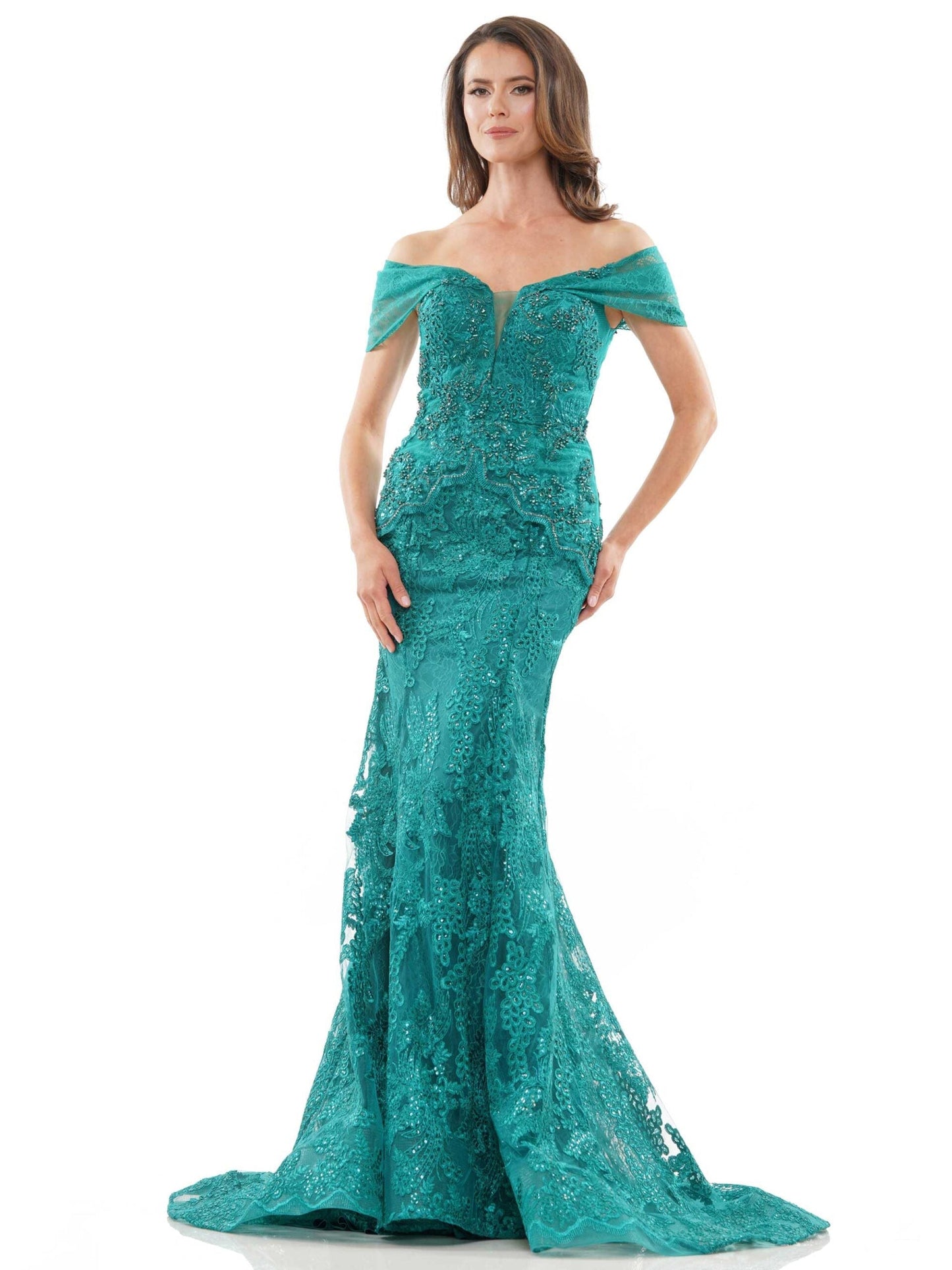 Marsoni MV1256 full-length off-shoulder formal lace dress with delicate lace trimming for galas