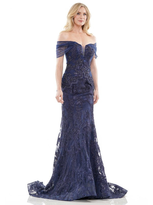 Marsoni MV1256 long off-shoulder formal lace dress with delicate lace trimming for galas