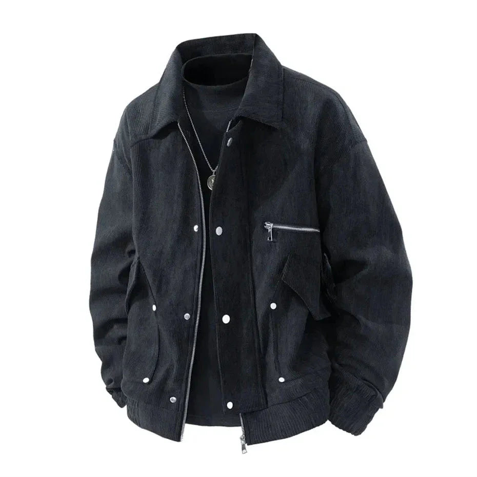 Mabel brown corduroy tech jacket with dual zip-button closure and ribbed hem for streetwear style