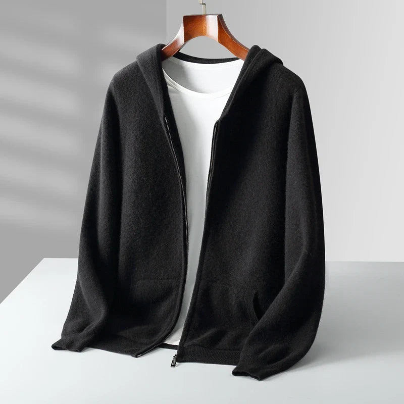 Macio lightweight cashmere zip hoodie in versatile tones, soft knit full-zip closure with spacious hood