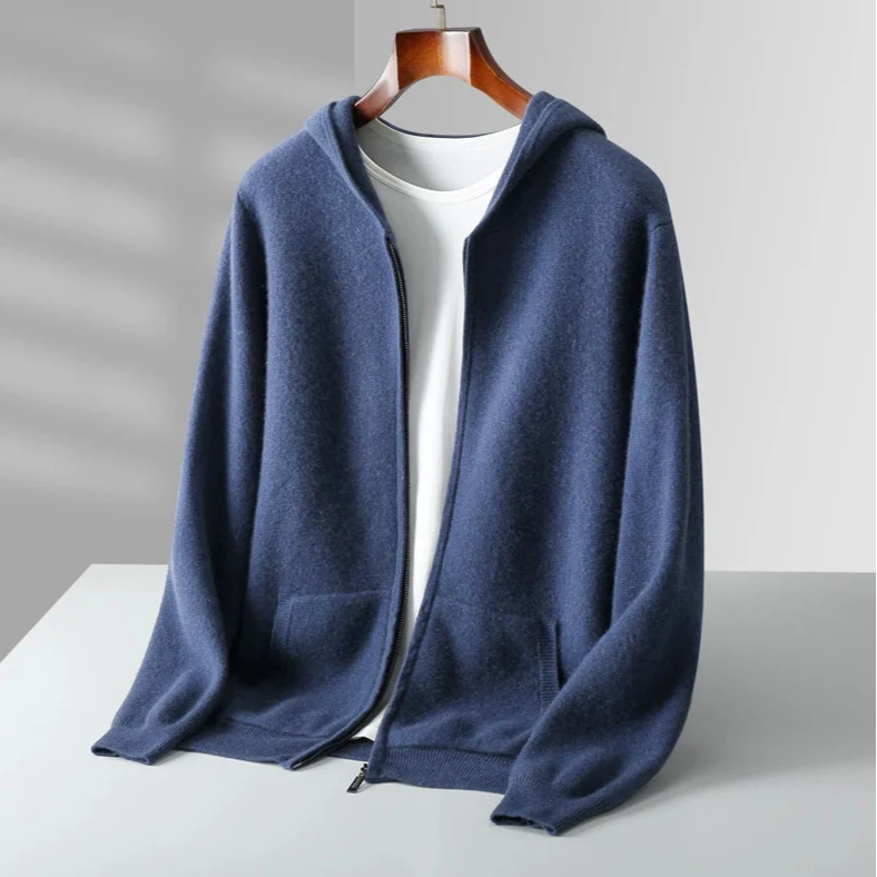 Macio lightweight cashmere zip hoodie in versatile tones, soft knit with full-zip front and spacious hood