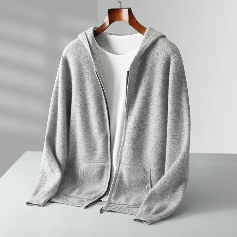 Macio lightweight cashmere zip hoodie in versatile tones, soft knit with full-zip front and spacious hood