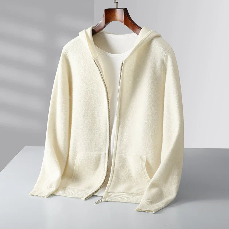 Macio lightweight cashmere zip hoodie in versatile tones, soft knit with full-zip front and spacious hood