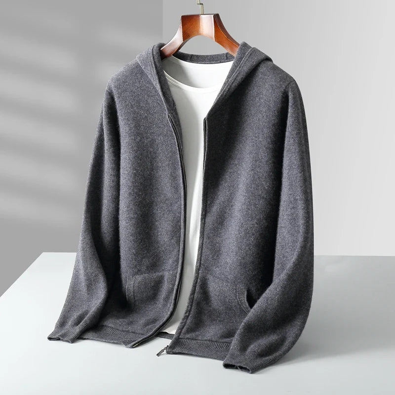 Macio lightweight cashmere zip hoodie in versatile tones, soft knit full-zip with spacious hood
