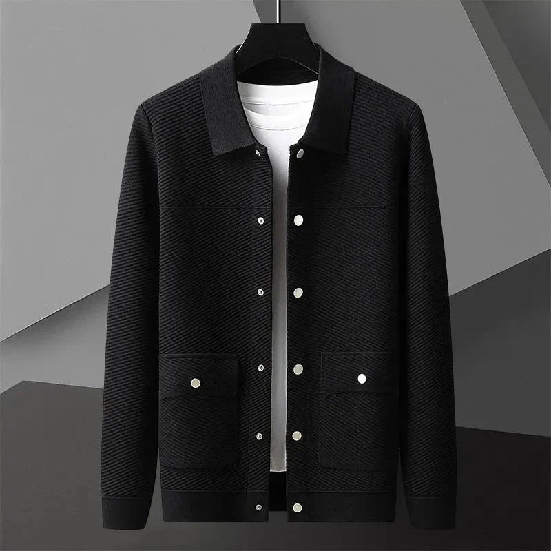 Mack textured knit wool jacket in neutral tone, relaxed tailored fit with snap-button front closure