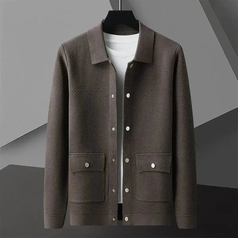 Mack textured knit wool jacket in neutral tone with snap-button front closure and refined slim fit