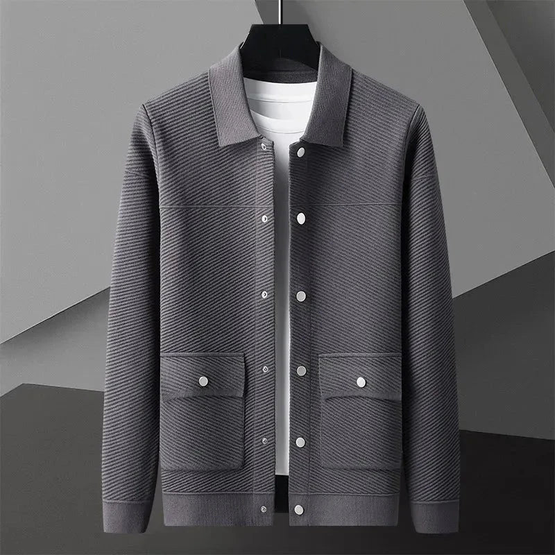 Charcoal textured knit wool jacket with snap-button front closure, modern slim fit for versatile wear