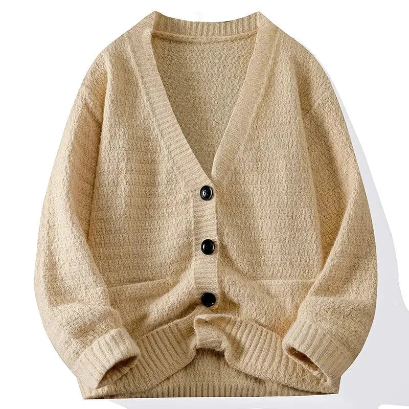 Maddox classic knit cardigan relaxed fit deep V-neck with bold contrast buttons