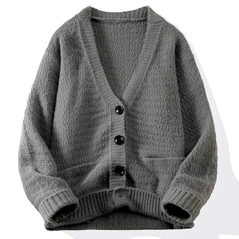 Maddox relaxed-fit V-neck knit cardigan with ribbed hems and bold contrast buttons
