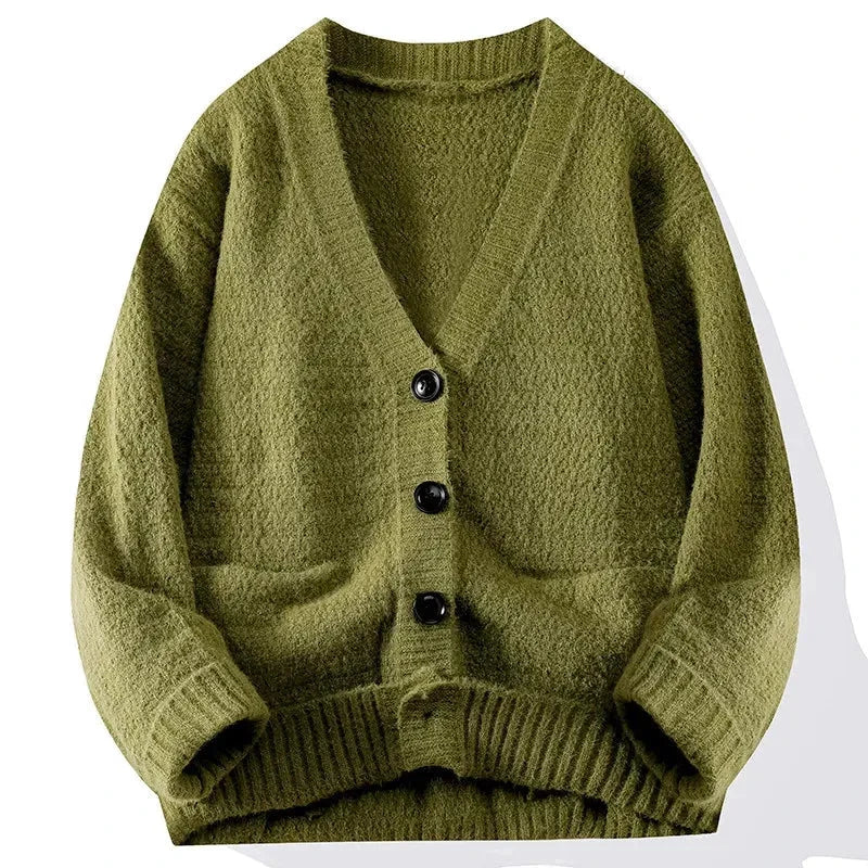 Maddox Classic Cardigan relaxed fit V-neck knit with bold contrast buttons for cool-weather style