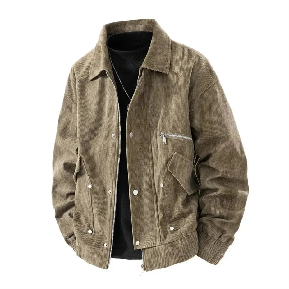 Madison corduroy jacket in casual streetwear style with dual zipper and button closure