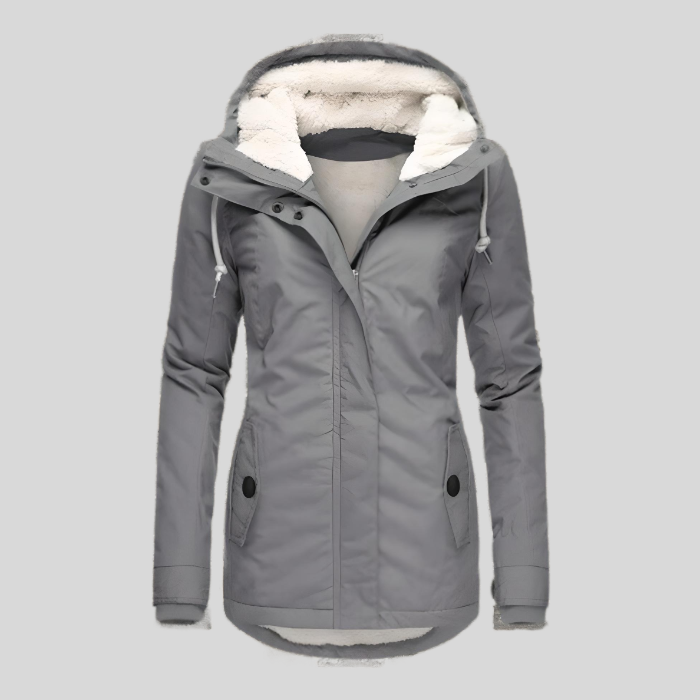 Women's windproof parka jacket with insulated lining and fur-trimmed hood for winter warmth