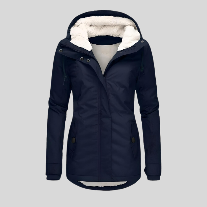Women's windproof parka jacket with fur-trimmed hood, insulated lining, timeless winter style