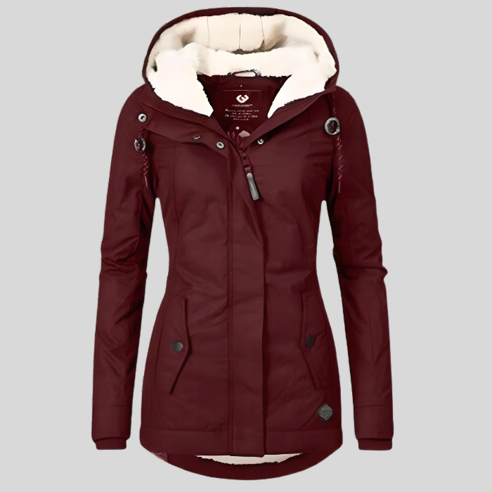 Women's windproof parka jacket with fur-trimmed hood, insulated lining, timeless winter style