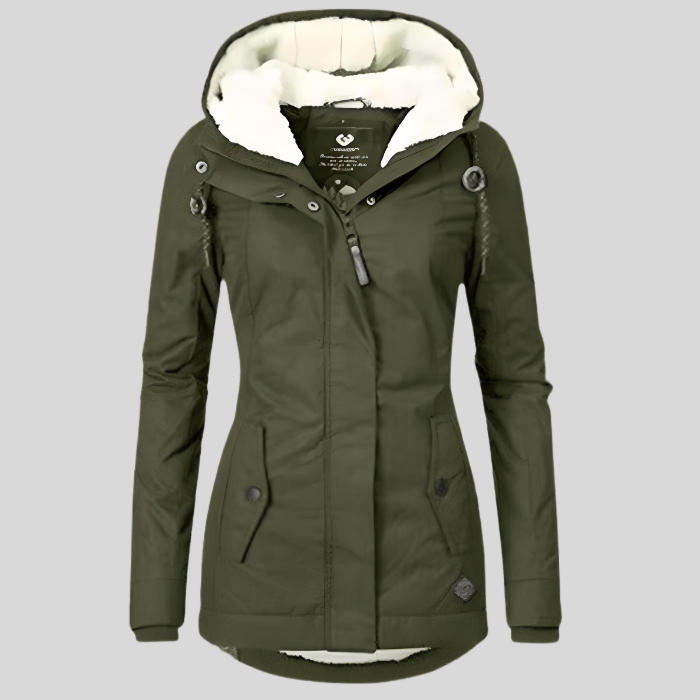 Women's windproof parka jacket with fur-trim lined hood, insulated slim silhouette for winter