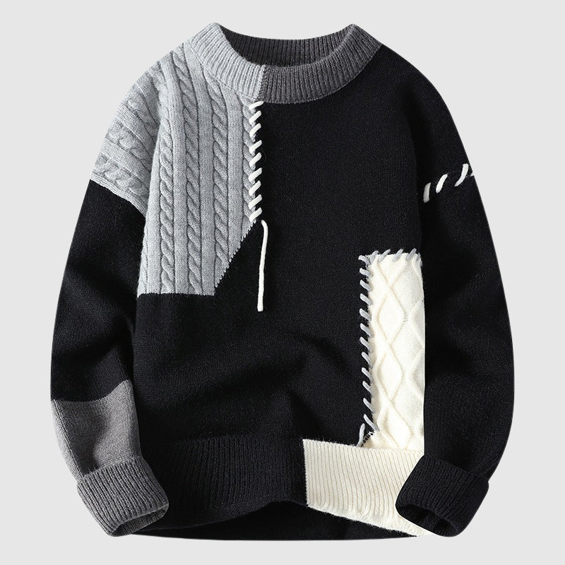 Multicolor patchwork knit sweater by Alessandro Veneti with eclectic mixed patterns artisan craftsmanship