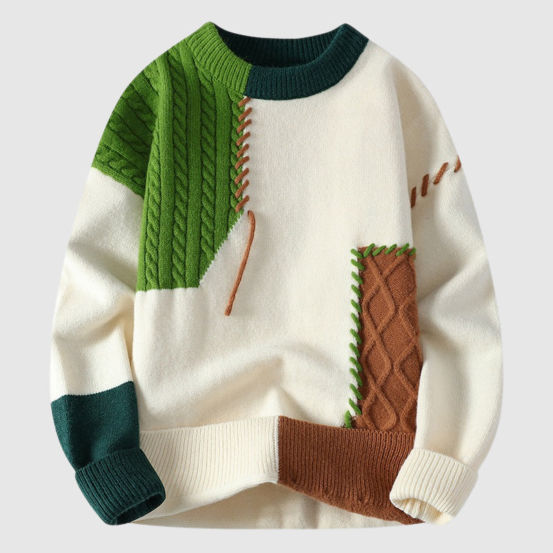 Funky patchwork winter sweater multicolor artisan knit bold eclectic patterns statement piece