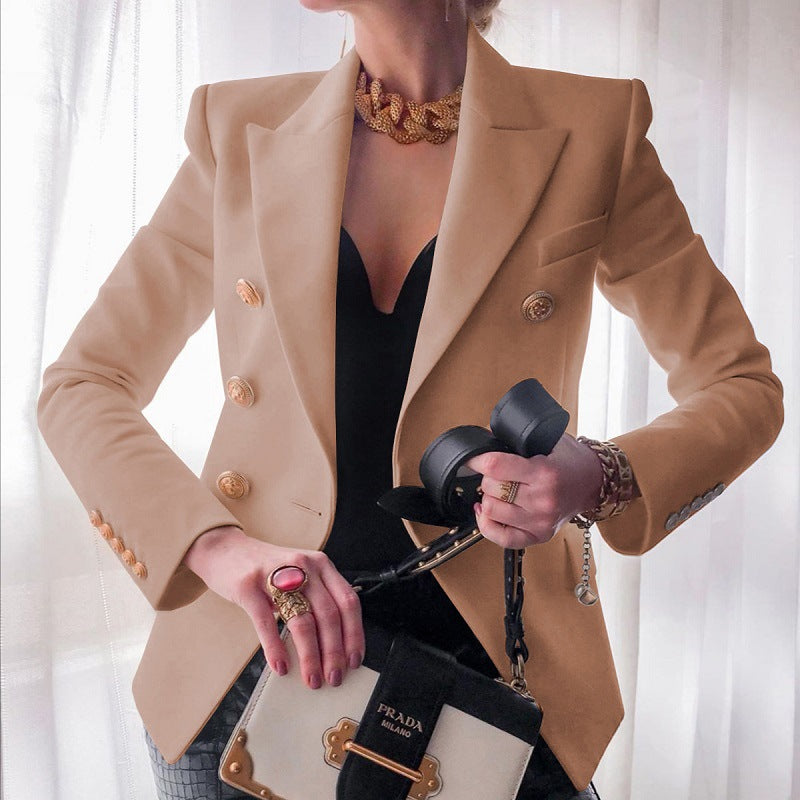 Women's classic double-breasted blazer tailored silhouette structured shoulders gold-tone buttons polished style