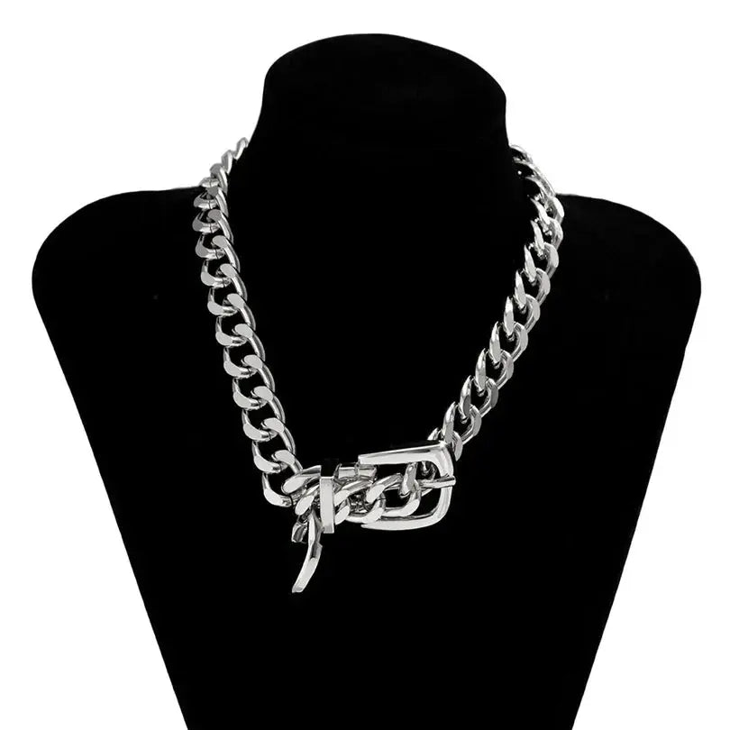 Aurora gold chain choker necklace in polished stainless steel with adjustable buckle and drop-link accent