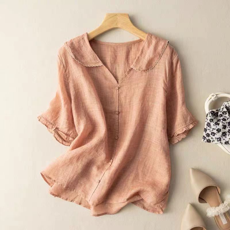 Vintage women's blouse soft pink scalloped collar button detail loose elegant fit