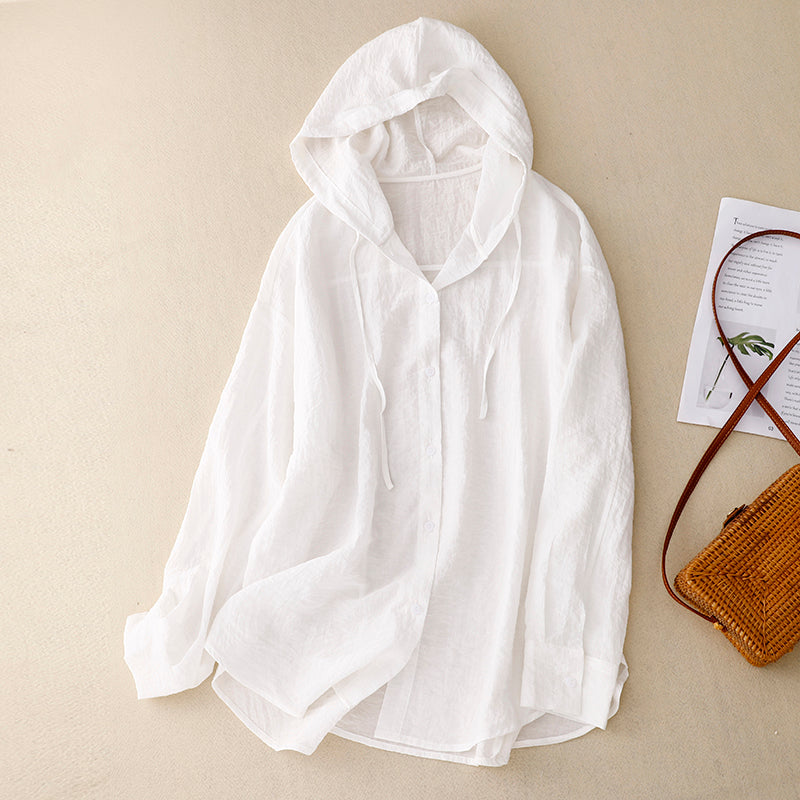 Women's lightweight hoodie with button front, relaxed fit, soft hood, perfect warm-weather layering piece