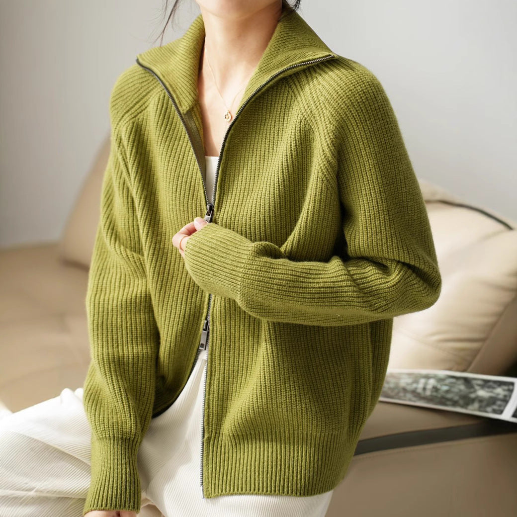 Women's caramel brown cashmere zip cardigan sweater with standing collar, soft knit luxury fit