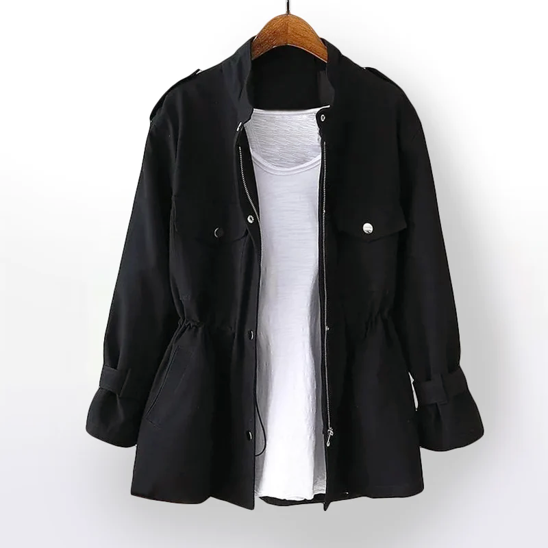 Women's olive utility jacket tailored fit with adjustable drawstring waist and multiple pockets